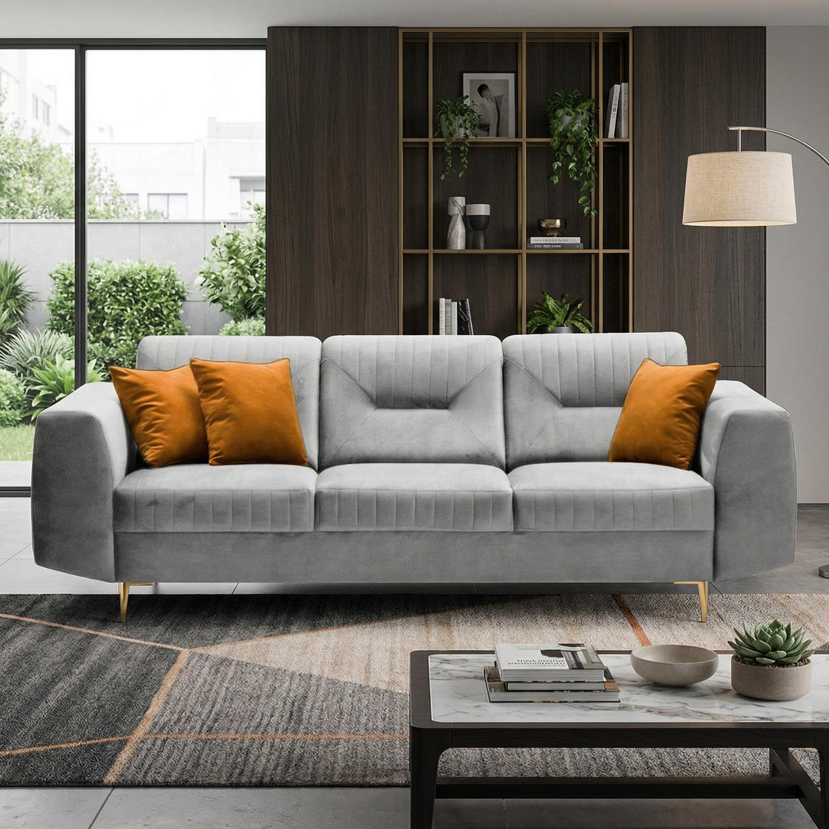 3-SITZER SOFA Venezia hellgrau mit goldenen Beinen - Goldfarben/Hellgrau, Textil/Metall (233/85/94cm) - Beautysofa
