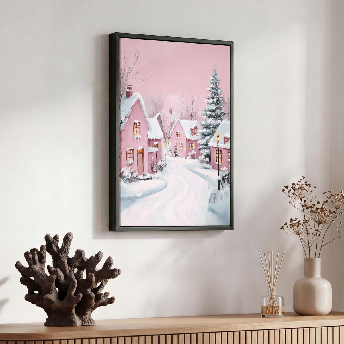 LEINWAND Bilder mit Rahmen - Weihnachtsdorf - Rosa - Winter - Schnee - Häuser - 30x40 - Altrosa, Textil (30/40cm) - MuchoWow