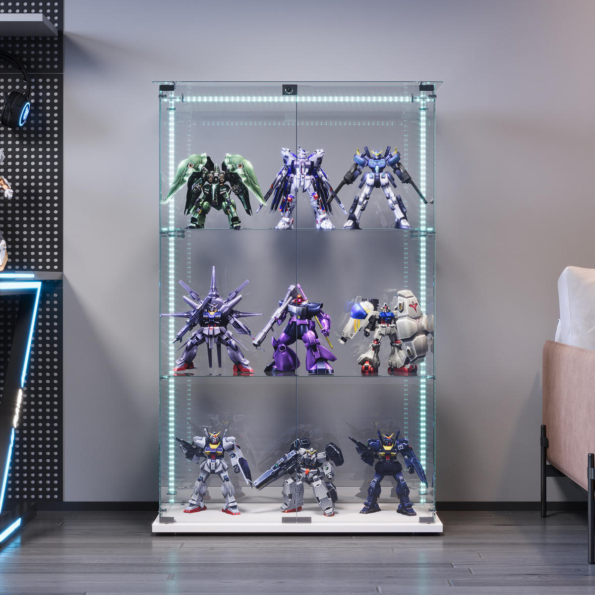 VITRINE Weiß Mit LED, 2 Türen, 3 Böden, Glas-Schrank Für Wohnzimmer - Weiß, Holz (35/123.3/78.5cm)