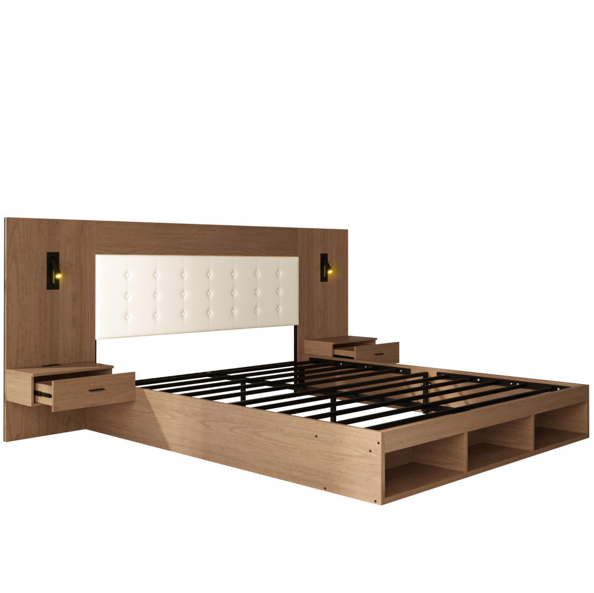 POLSTERBETT 180/200 cm mit 2 Nachttischen, USB/Type-C und Leselampen - Nussbaumfarben, Holzwerkstoff (180/200cm) - BEAOK