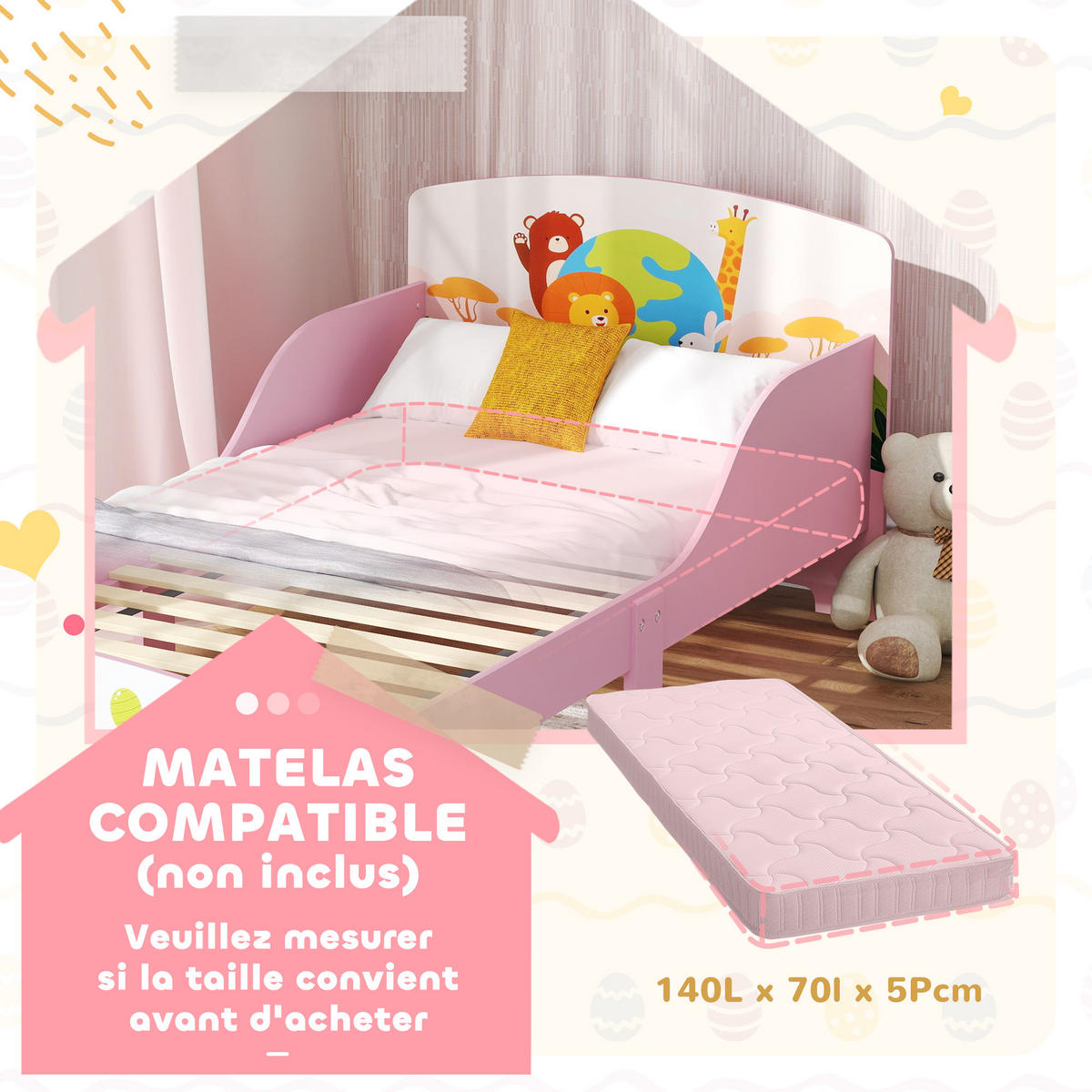 KINDERBETT 140x70 cm DE-14613mit Tiermotiv, inkl. Lattenrost Rosa - Pink, Holzwerkstoff (70/140cm) - ComfortXL