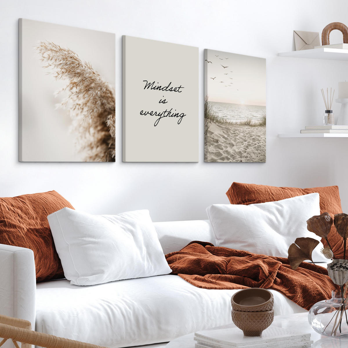 LEINWANDBILDER 3-er Set Pflanzen Strand - Beige/Schwarz, Textil (90/40cm) - Muralo