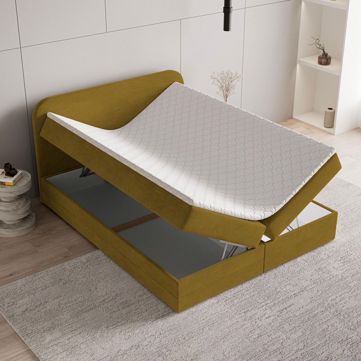 BOXBETT ARMEL 160x200 cm mit Matratze und Topper - Gelb - Gelb, Holz (160/200cm) - MASSENO