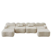 WOHNLANDSCHAFT Samt Beige mit Hocker - Beige, Textil (384/70/167cm) - WISHDOR
