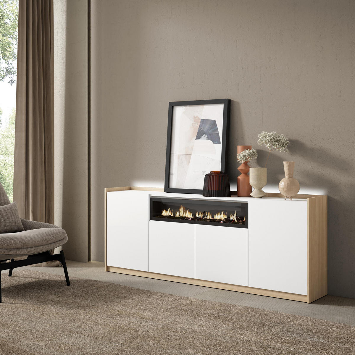 SIDEBOARD, Weiß und Eiche, 207/37/80cm, Kamin mit Feuereffekt - Weiß, Holzwerkstoff (207/80/37cm) - Skraut Home