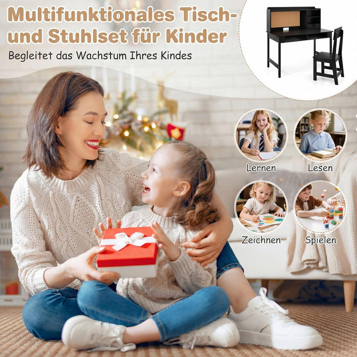 KINDERSCHREIBTISCH-SET aus Holz schwarz(2-tlg) - Schwarz, Holzwerkstoff (110/110/60cm) - COSTWAY