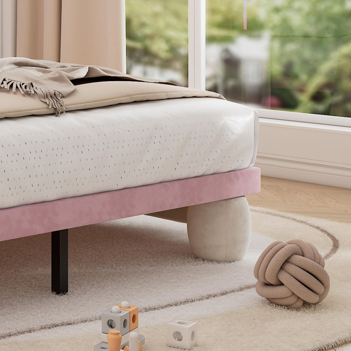 SAMT-POLSTERBETT 140/200 cm mit LED-Beleuchtung und gepolstertem Kopfteil - Beige, Textil (140/200cm) - BEAOK