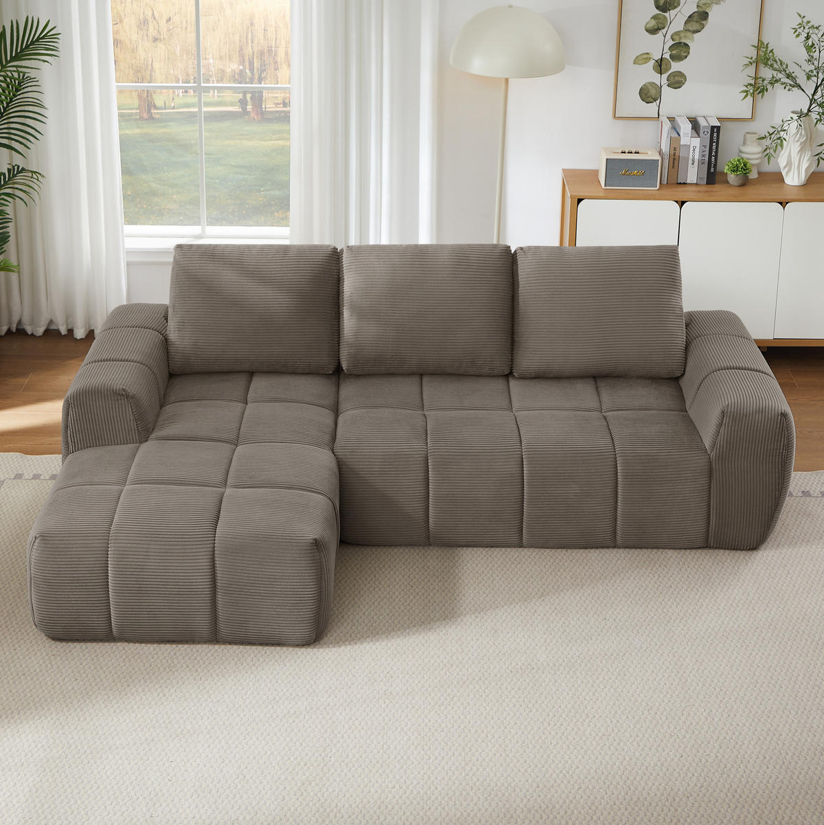 ECKSOFA mit segmentierter Polsterung, Taschenfederkern und abnehmbaren Kissen, Taupe - Taupe, Textil (255/162cm) - Redom