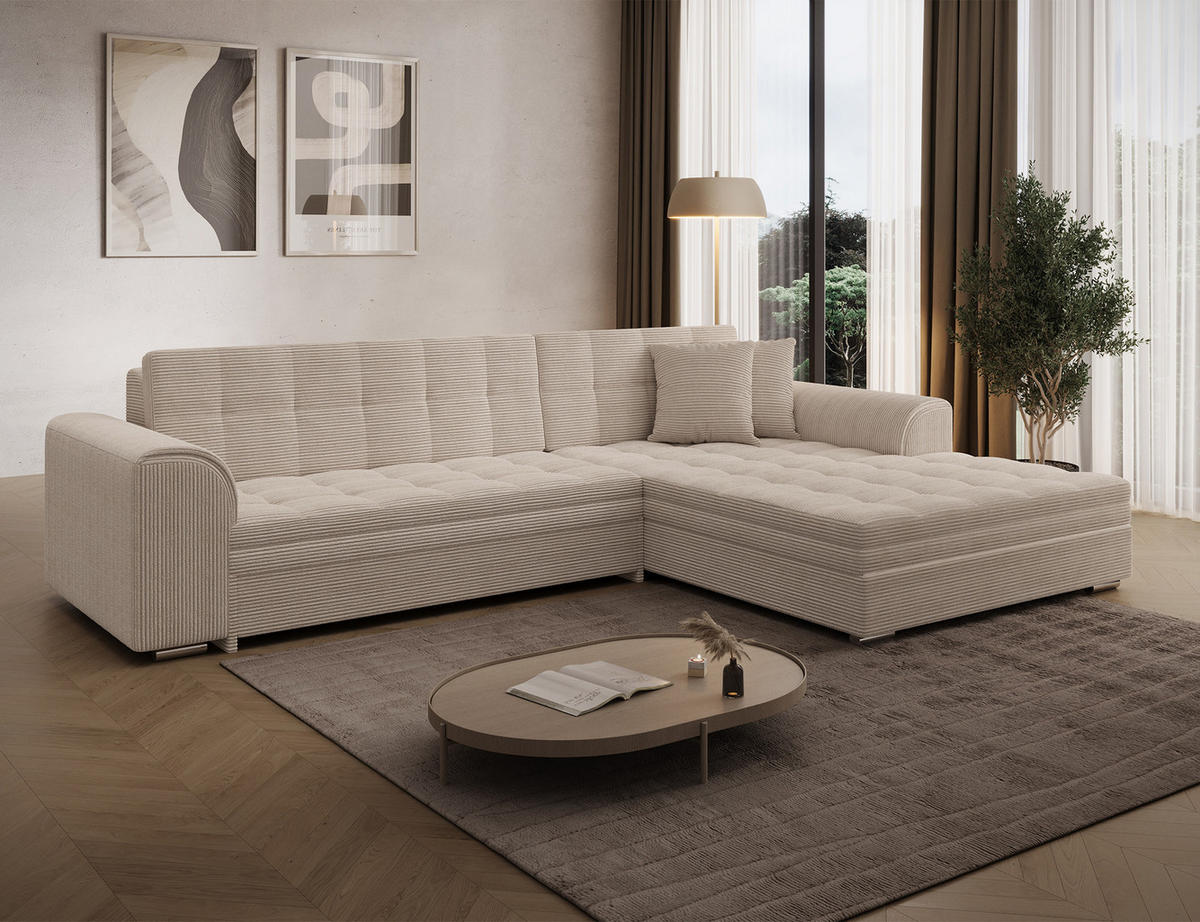 ECKSOFA SORENTO mit Schlaffunktion & Delfin-Mechanismus – Wohnlandschaft in L-Form 296 cm - Beige, Kunststoff (296/78cm) - Wohnideebilder