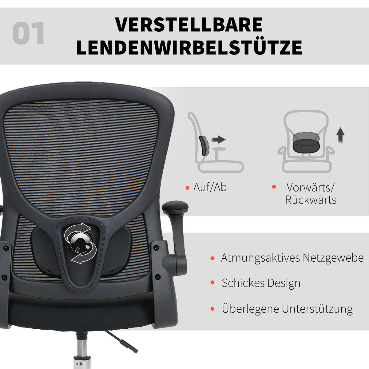 BÜROSTUHL mit Hochklappbar Armlehne Verstellbarer Fußring und 4D-Lendenstütze - Schwarz, Kunststoff/Textil (60/132/60cm) - HOMCOM