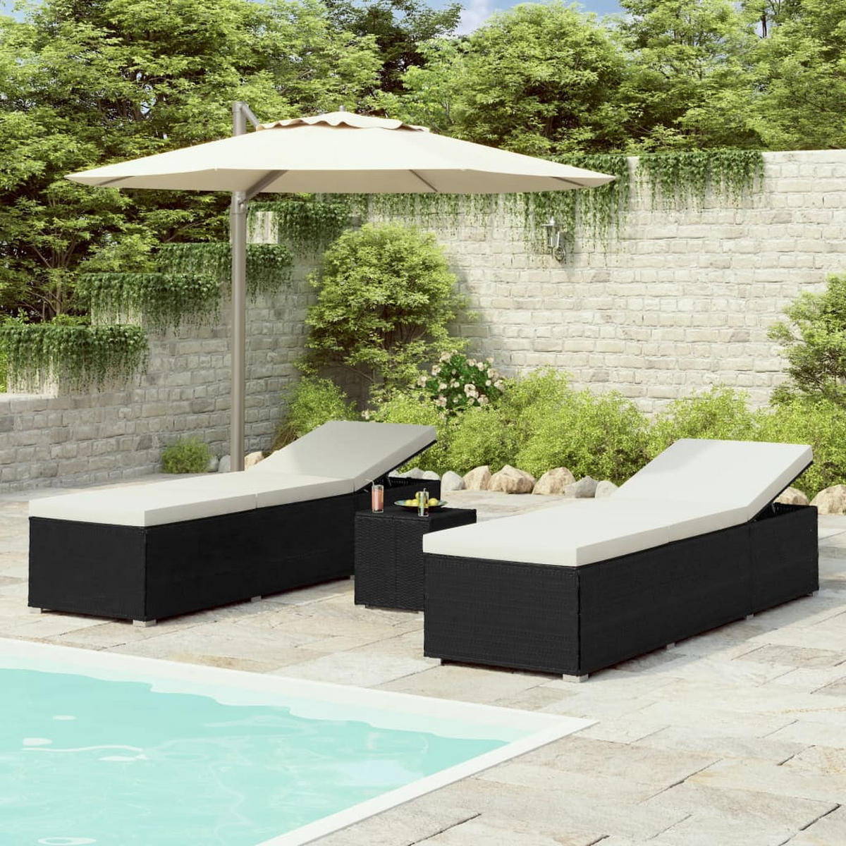 3-TLG. Garten-Sonnenliegen mit Teetisch Poly Rattan Schwarz - Schwarz, Kunststoff (60/31/195cm) - furnicato