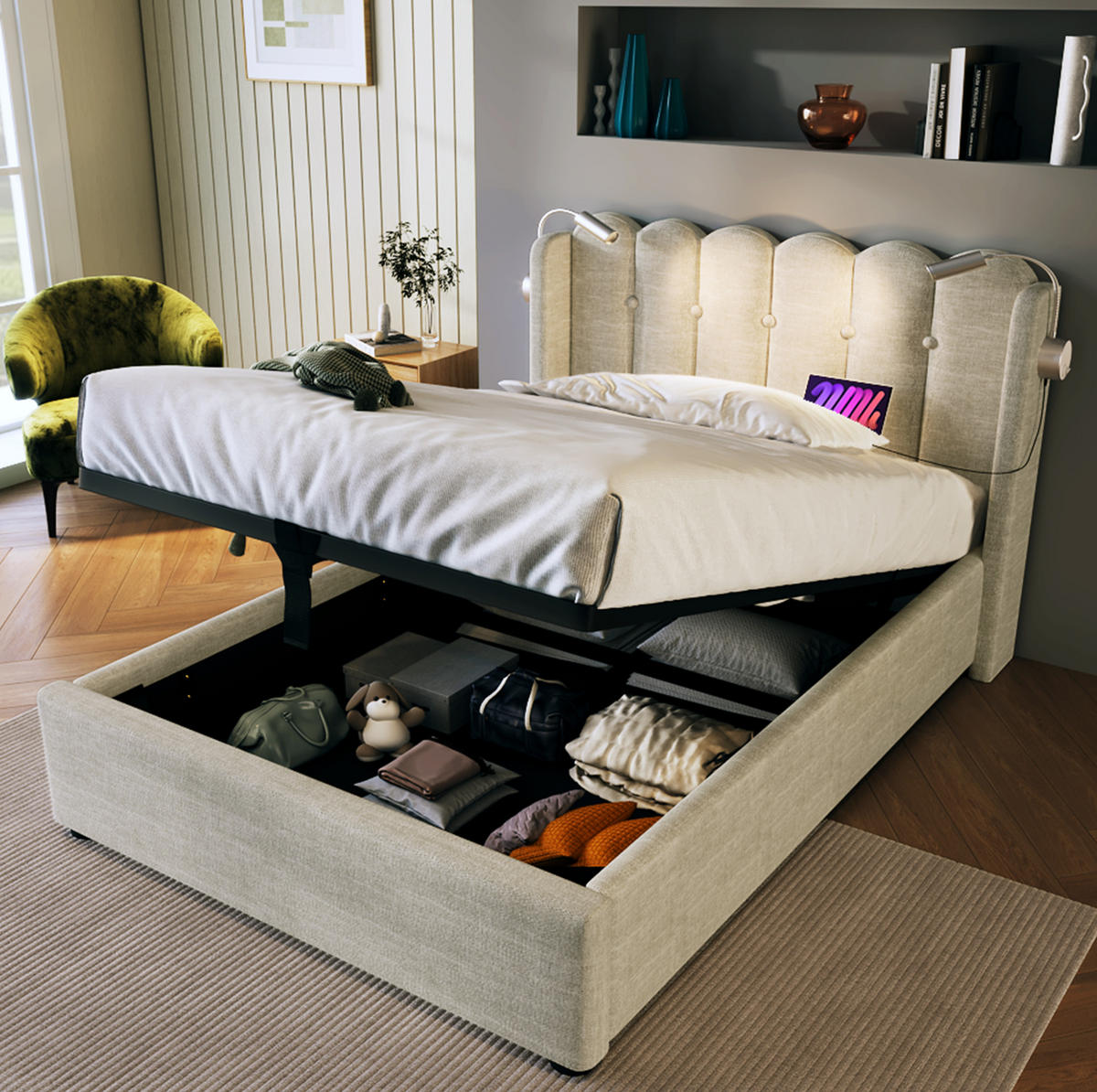 BETT mit Stauraum, USB und Leselicht 90x200 cm Leinen Natur - Beige, Metall (90/200cm) - Meubliv