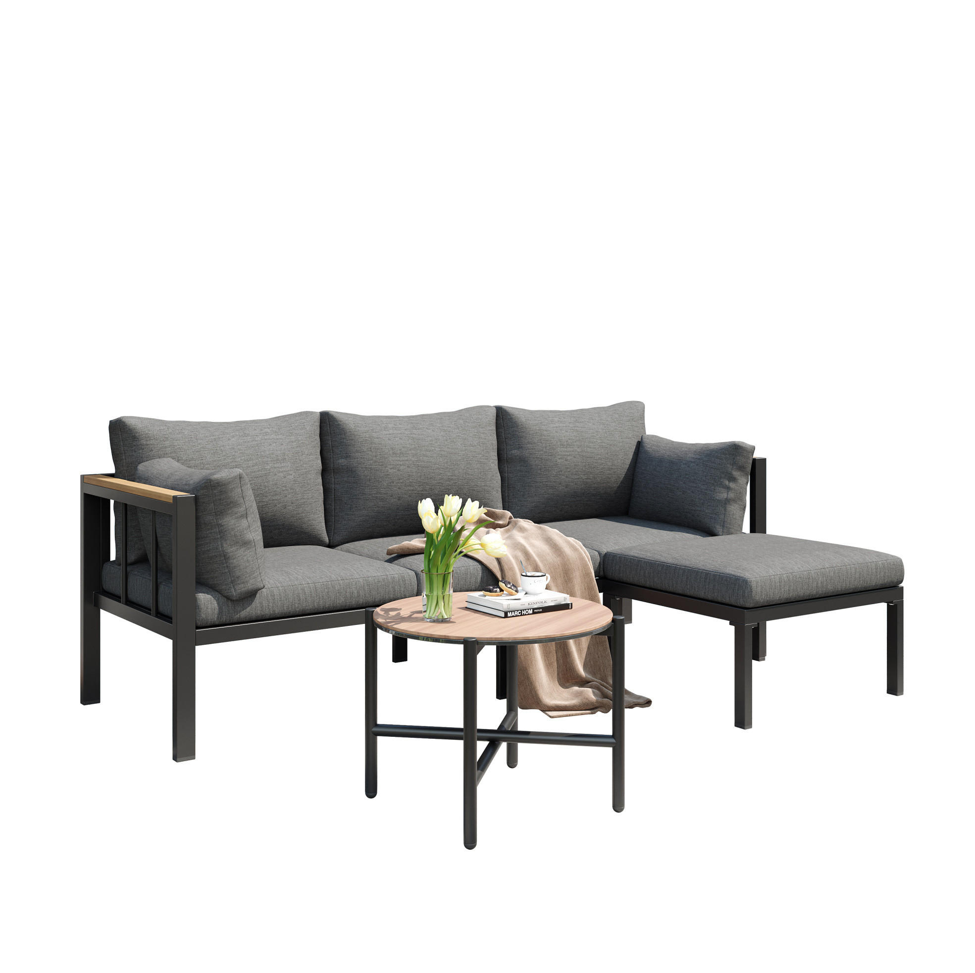 GARTENMÖBEL-SET 182/63/62 cm grau aus Polyester mit Couchtisch und Fußhocker - Grau, Textil - OKWISH