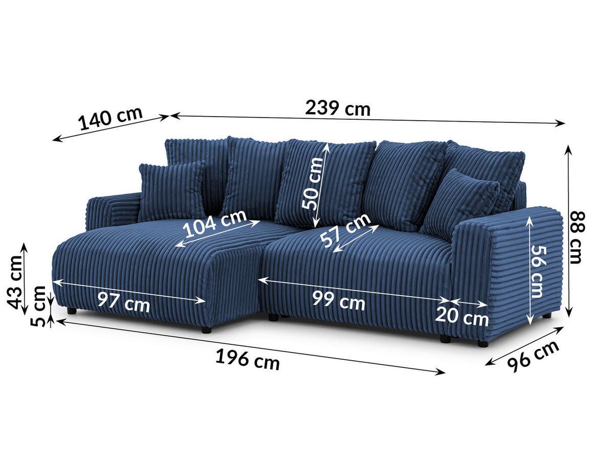 ECKSOFA Calma mit Schlaffunktion und Bettkasten im Bumpy-Design aus weichem Marineblau Plüschcord - Ottomane links - Blau/Schwarz, Holz/Kunststoff (239/140cm) - S-Style