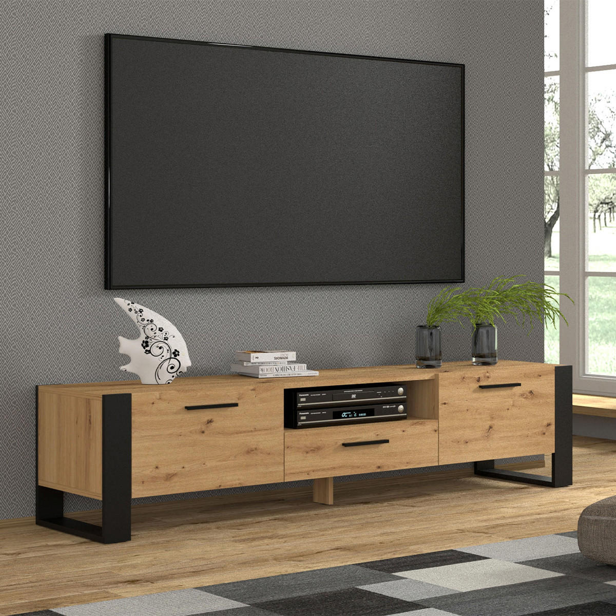 TV-MÖBEL Nouka Holz und Schwarz - Schwarz, Holzwerkstoff (200/48/43cm) - Petits-meubles