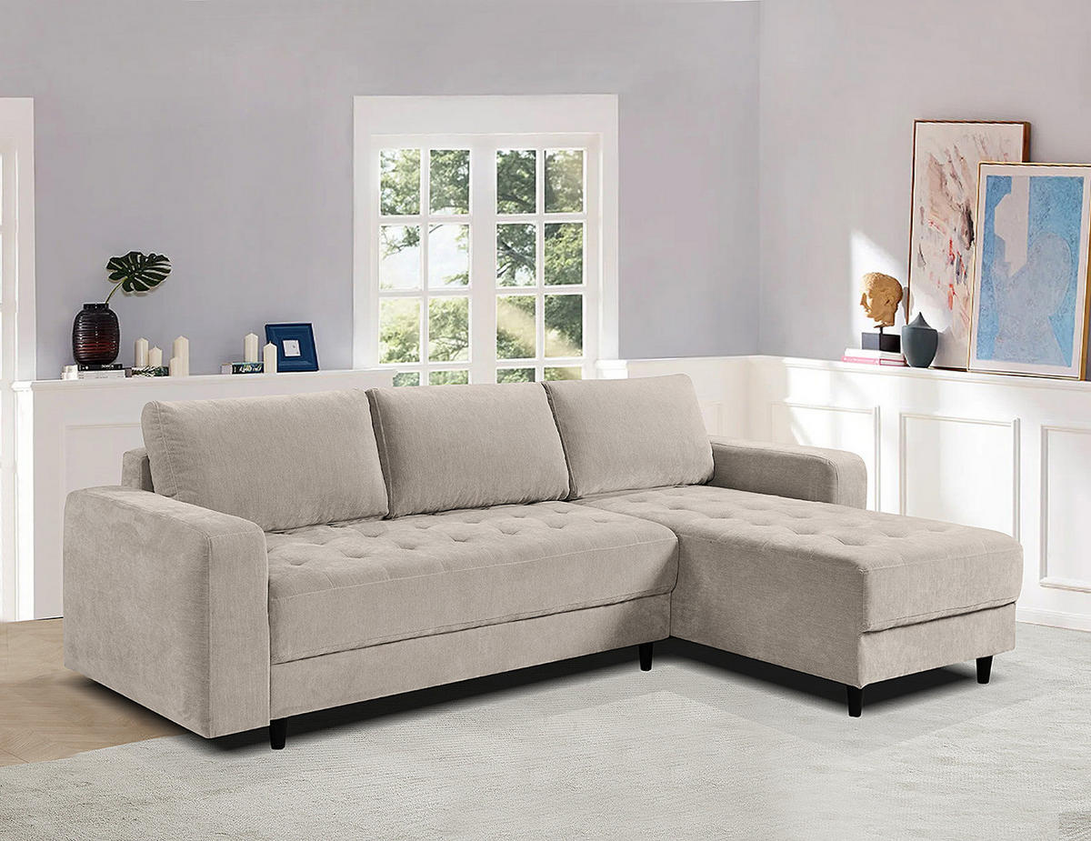 ECKSOFA mit Schlaffunktion - Flachgewebe - Schwarz/Grau, Holz/Textil (240/156cm) - home24