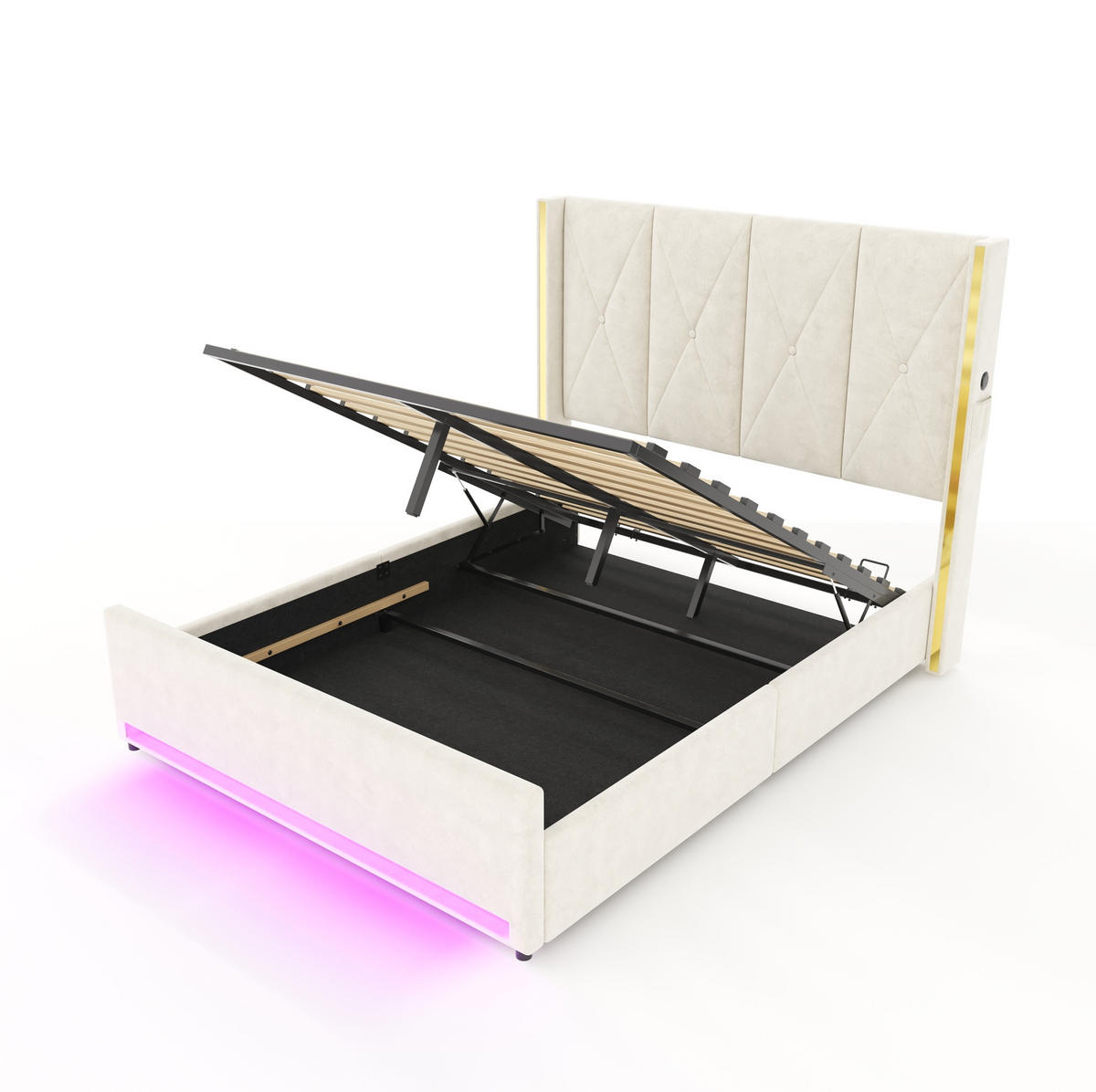 POLSTERBETT 160/200 cm mit USB, Type-C, LED und Bettkasten, Beige - Beige, Textil (160/200cm) - Redom