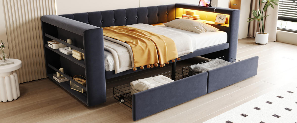 POLSTERBETT 90/190 cm Dunkelgrau aus Flannelette mit LED-Beleuchtung - Dunkelgrau, Textil (90/190cm) - OKMYHOME