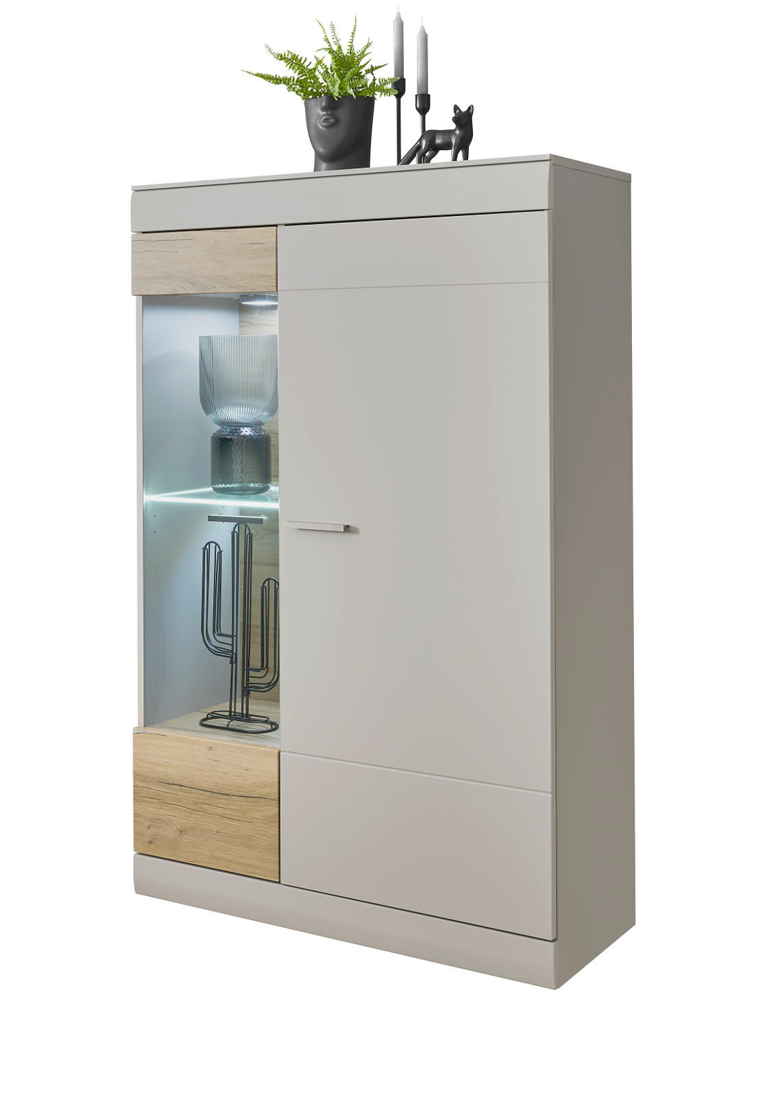 VITRINE grau matt, Zinneiche 90 cm, Vitrinenschrank mit Soft-Close-Funktion - Eichefarben/Silberfarben, Glas/Holzwerkstoff (90/139/35cm) - Furn.Design