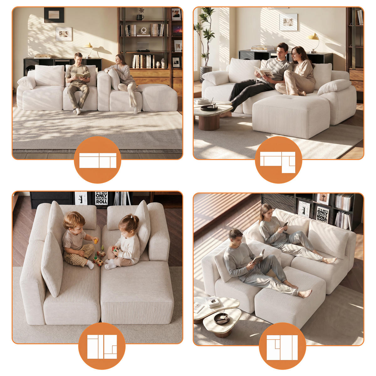 ECKSOFA,3-SITZER-SOFA, Stoffsofa L Form Cordstoff mit Hocker,Beige - Beige, Textil (264/89cm) - PARAFTA HOME