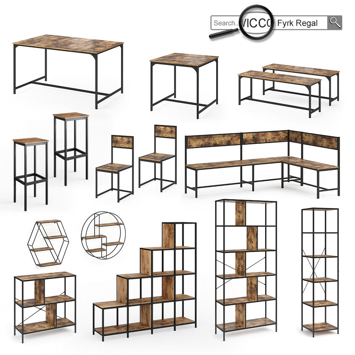 BARTISCH-SET Fyrk Antikholz 120 x 50 cm mit 2 Barhockern - Eichefarben/Schwarz, Holzwerkstoff (120/105/50cm) - Vicco