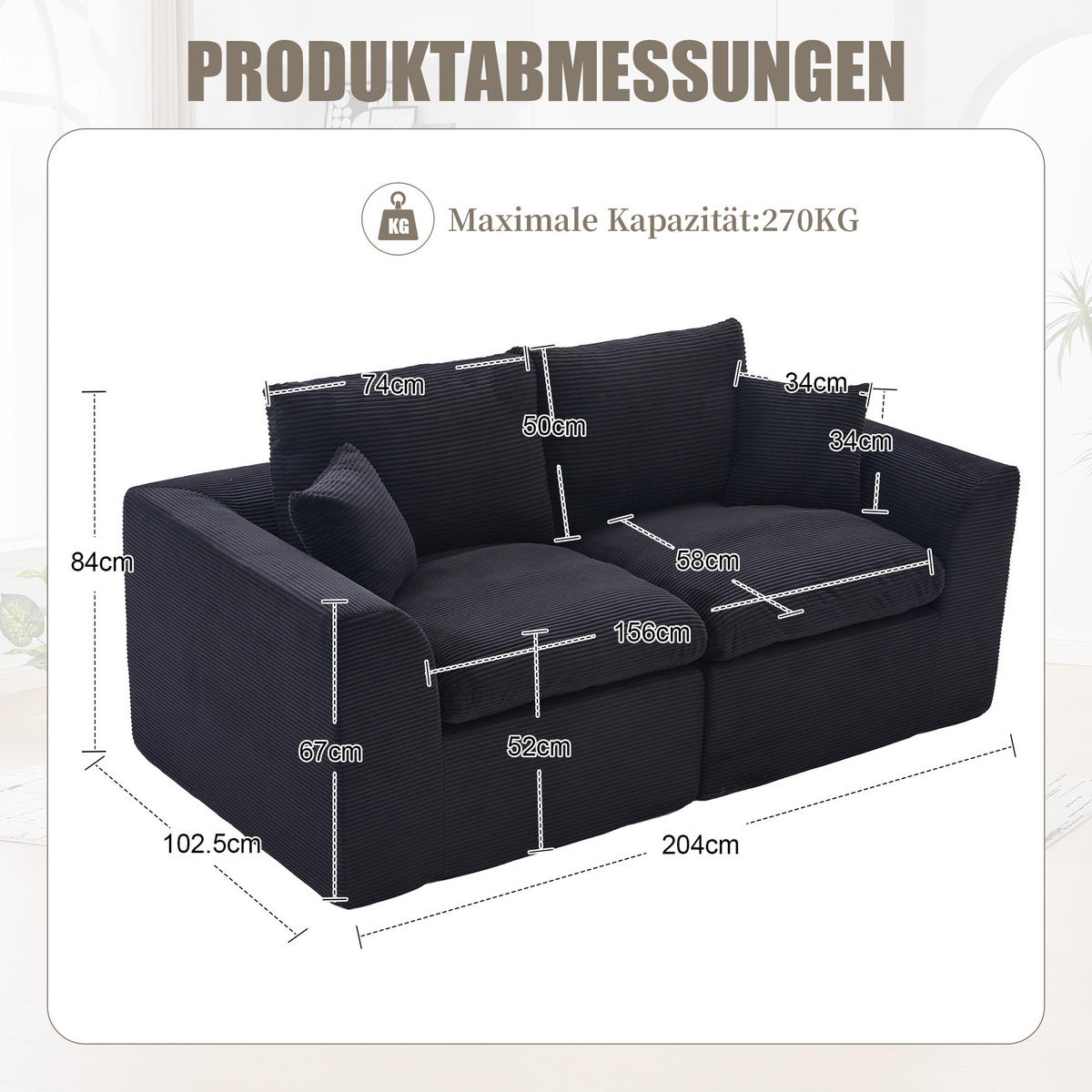 2-SITZER SOFA Cord Schwarz mit Kissen - Schwarz, Textil (204/84/102.5cm) - WISHDOR