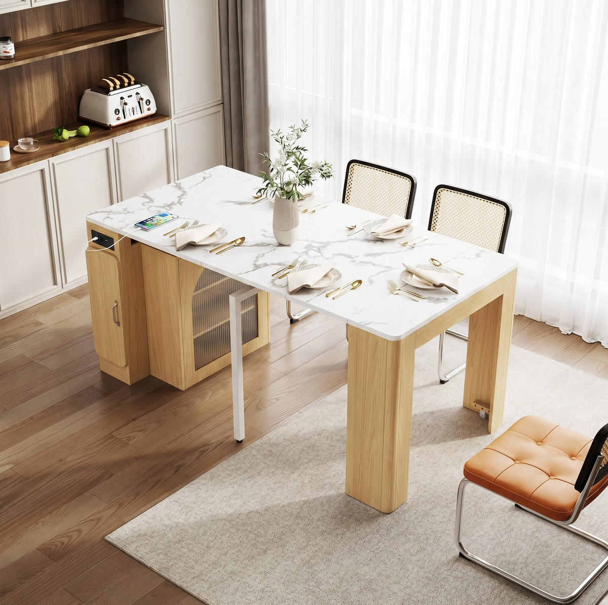 KÜCHENINSEL 83/39,6-149,6/77 cm mit Rollen, LED und Steckdose - Naturfarben, Holzwerkstoff (83/77/39.6cm) - BEAOK