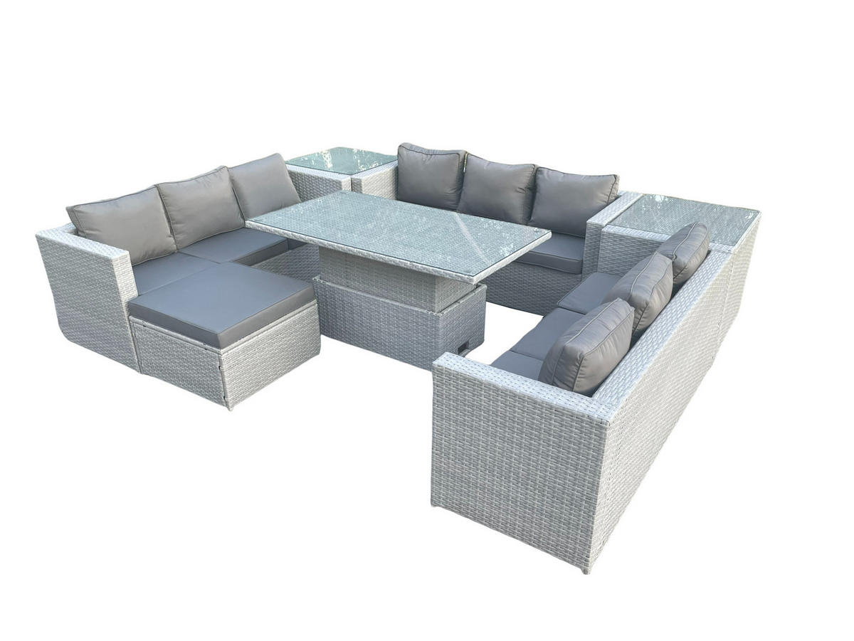 GARTENMÖBEL SET mit höhenverstellbarer Tisch Polyrattan Helles Grau 7-teilige - Hellgrau, Metall - Fimous