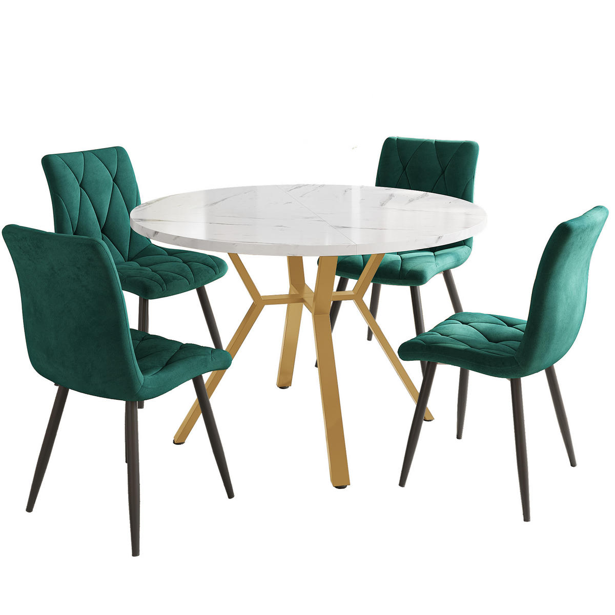 ESSTISCHSET 5-Teilig Rund Marmor, Goldene Beine, 4 Grüne Samtstühle - Grün, Metall (100/75/100cm) - FLIEKS
