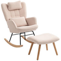 SCHAUKELSTUHL mit Fußhocker, weicher Fleece-Bezug, Holzbeine, Beige - Beige/Naturfarben, Holz/Buchenholz (70.5/99.5/101.5cm) - HOMCOM
