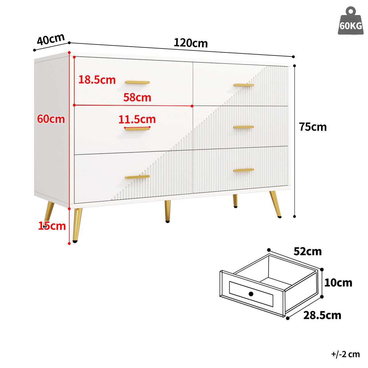SIDEBOARD 120/40/75 cm, 6 Schubladen, weißes MDF mit Metallbeinen，weiß - Weiß, Holzwerkstoff (120/75/40cm) - Redom