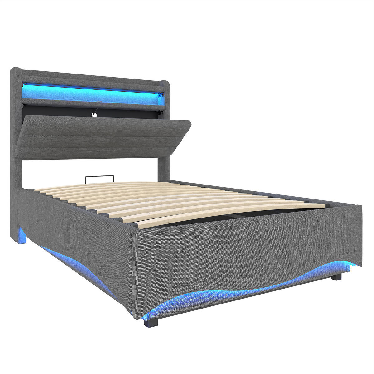 POLSTERBETT 90/200 cm aus Leinenstoff mit LED-Beleuchtung, USB- und Typ-C-Anschluss, hydraulischem Stauraum, Grau - Grau, Textil (90/200cm) - Redom