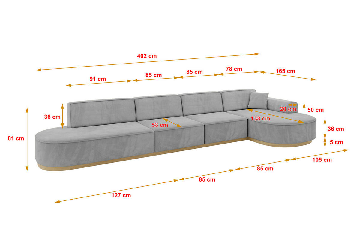 ECKSOFA Ottomane Rechts MARI-L3-v2 - 413x171x83 cm Grau Velours - Grau, Holzwerkstoff/Textil (171/413cm) - ALTDECOR