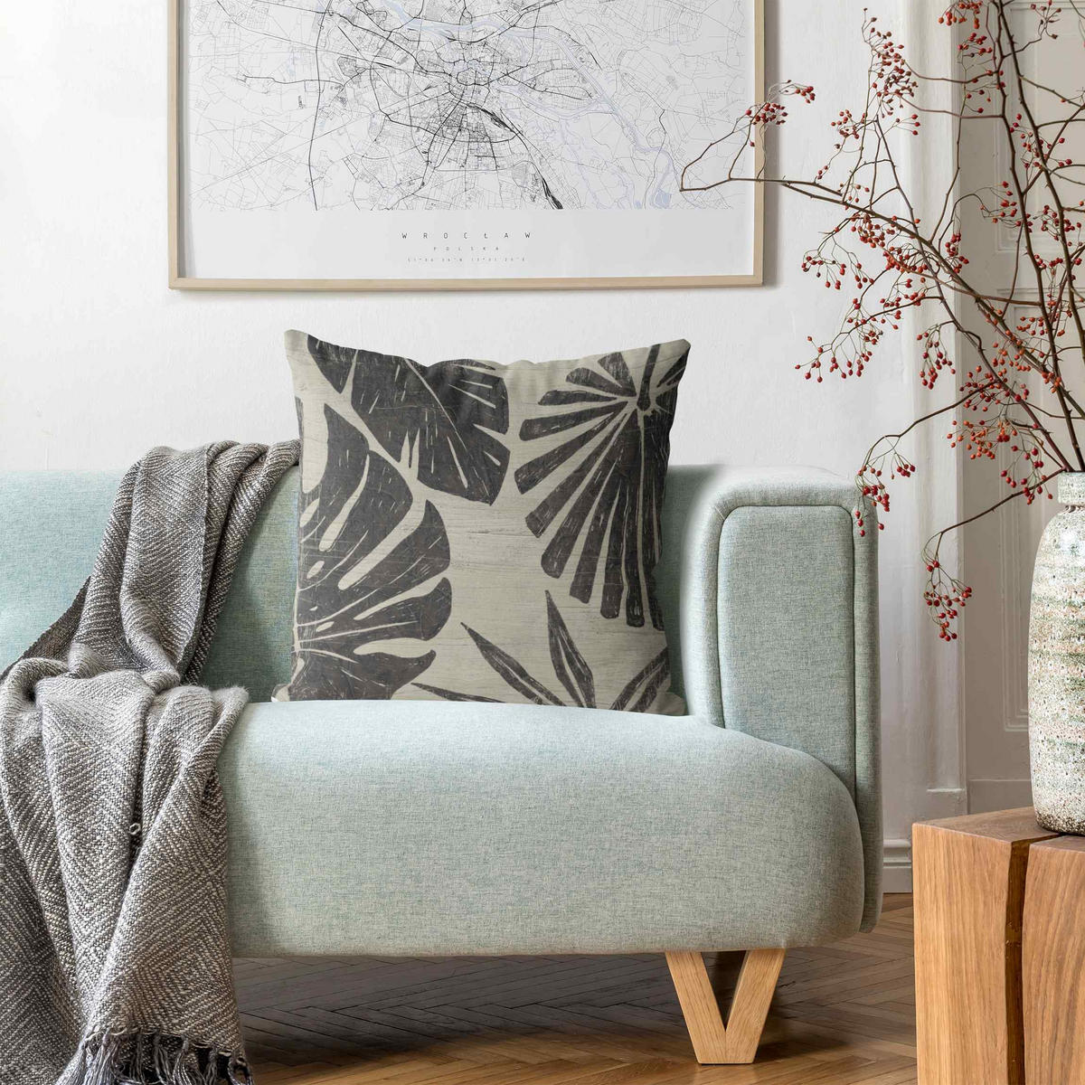 DEKOKISSEN Palmenblätter vor Hellgrau 40/40 cm - Grau, Textil (40/40/10cm) - Bilderwelten