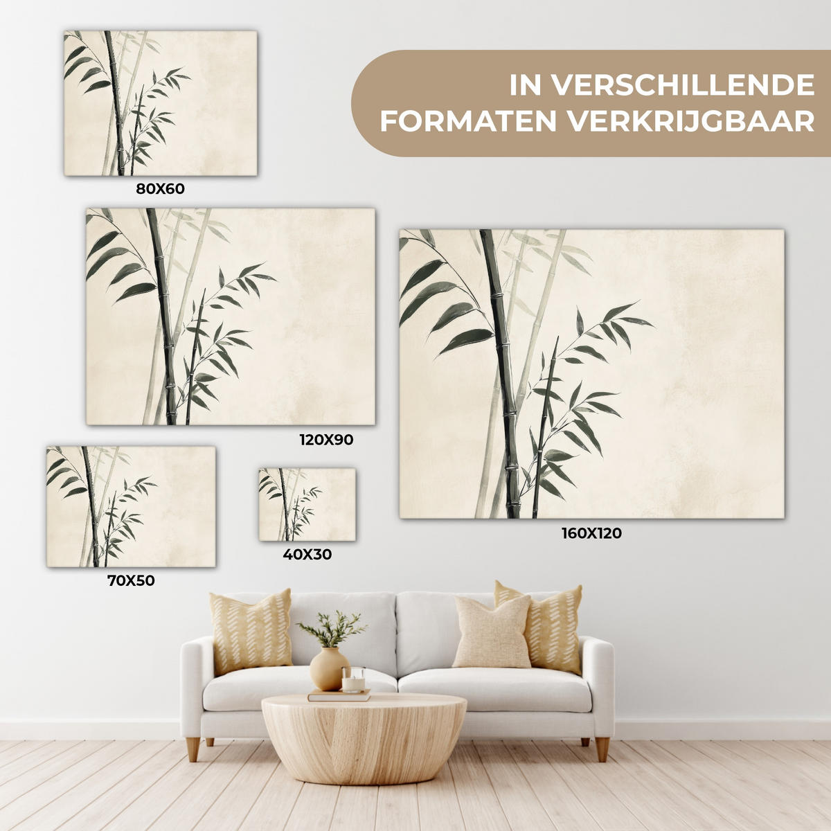 LEINWANDBILD Japandi - Bambus - Beige Wandbilder 80x60 cm - Eukalyptusholzfarben, Textil (80/60cm) - MuchoWow