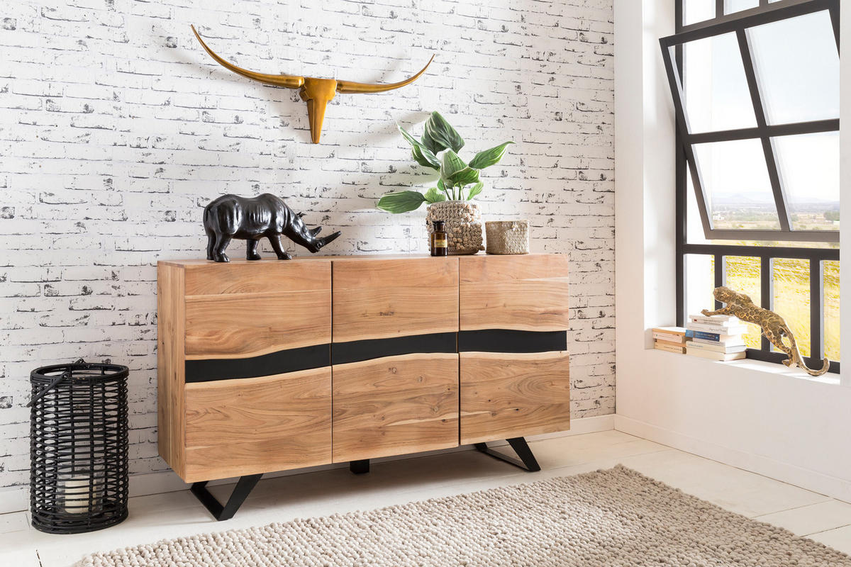 SIDEBOARD – Akazie Massivholz, 148x85x43 cm, Baumkante, Landhausstil, breit - Schwarz/Braun, Akazienholz/Holz (148/85/43cm) - KADIMA DESIGN