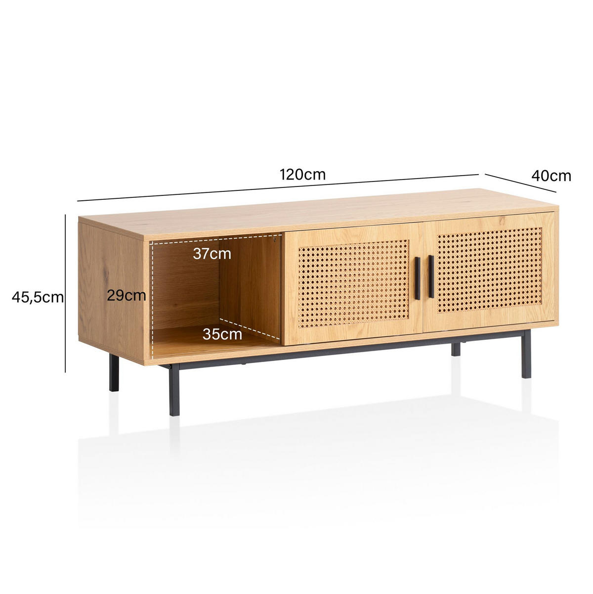 LOWBOARD Eiche-Dekor Zeitloser Stil 120x45,5x40 cm mit Wiener Geflecht und Schiebetüren - Schwarz/Braun, Holzwerkstoff/Metall (120/46/40cm) - KADIMA DESIGN