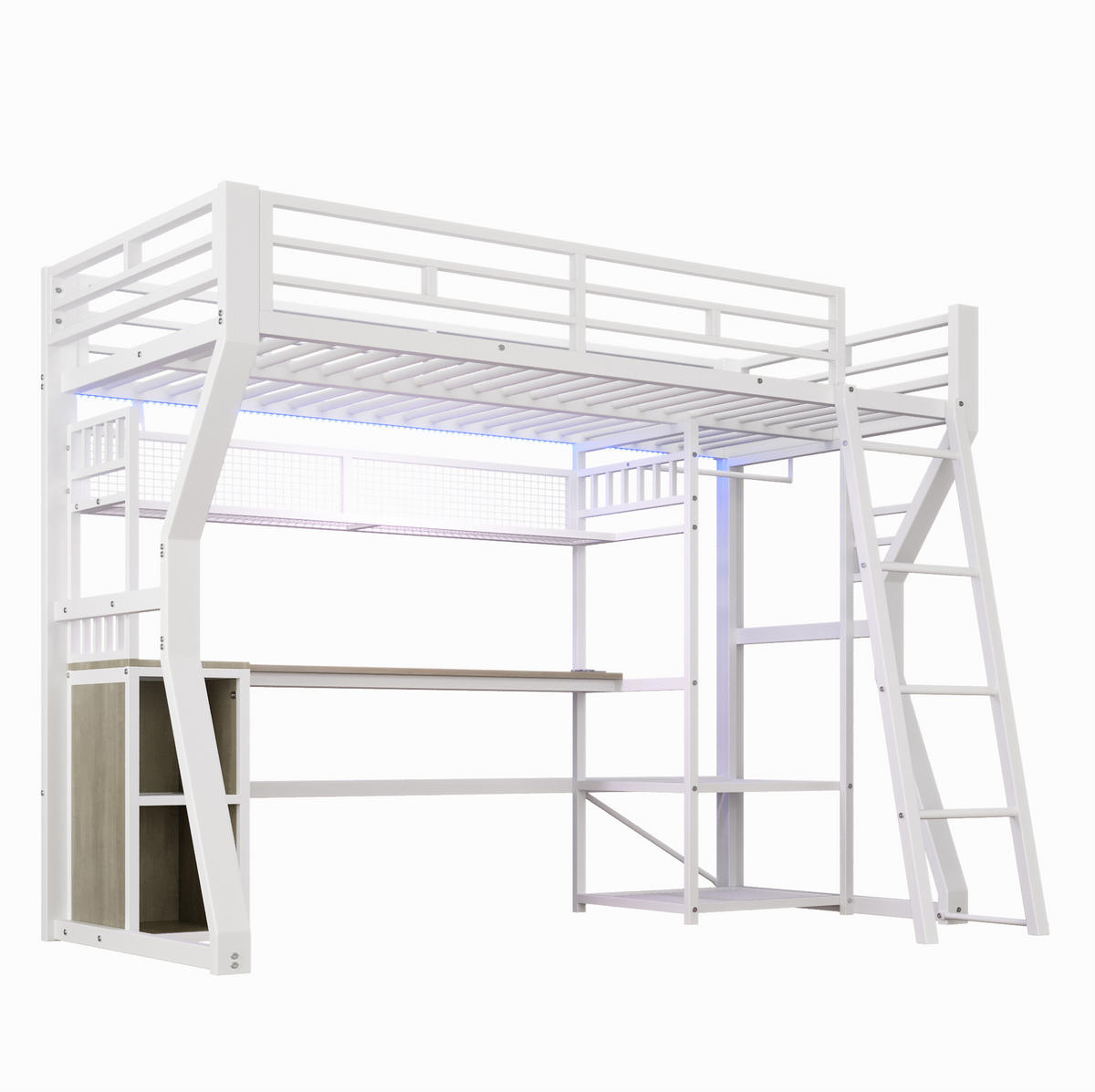 HOCHBETT 90x200 cm in Weiß mit Schreibtisch, Lichtleiste und Steckdose - Weiß, Holzwerkstoff (90/200cm) - IVMEU