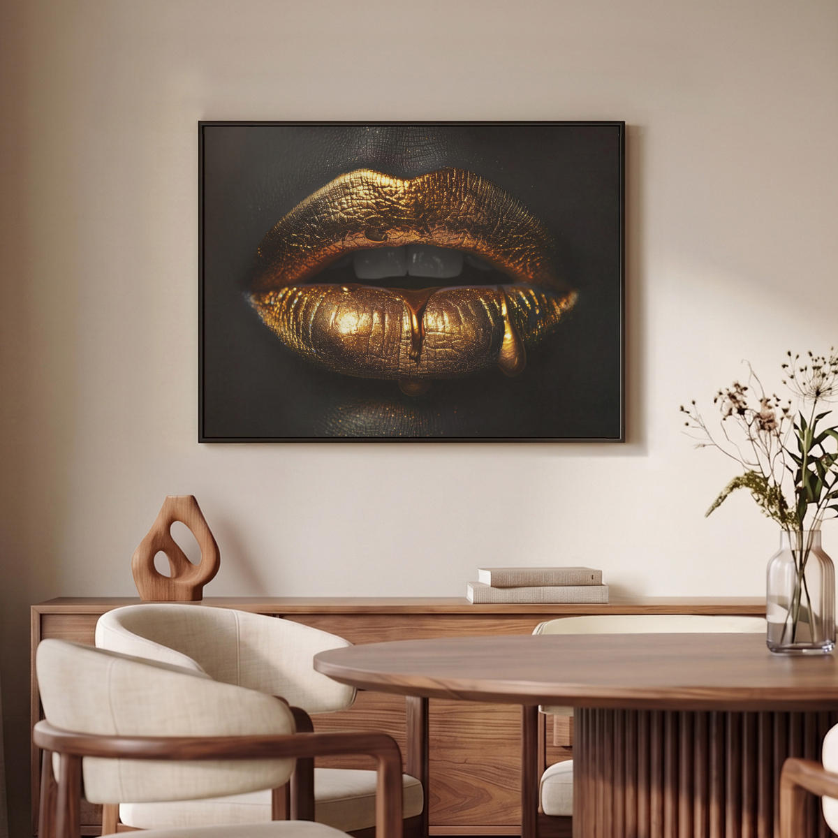 LEINWAND Bilder mit Rahmen - Frau - Porträt - Lippen - Gold - Schwarz - 80x60 - Schwarz, Textil (80/60cm) - MuchoWow