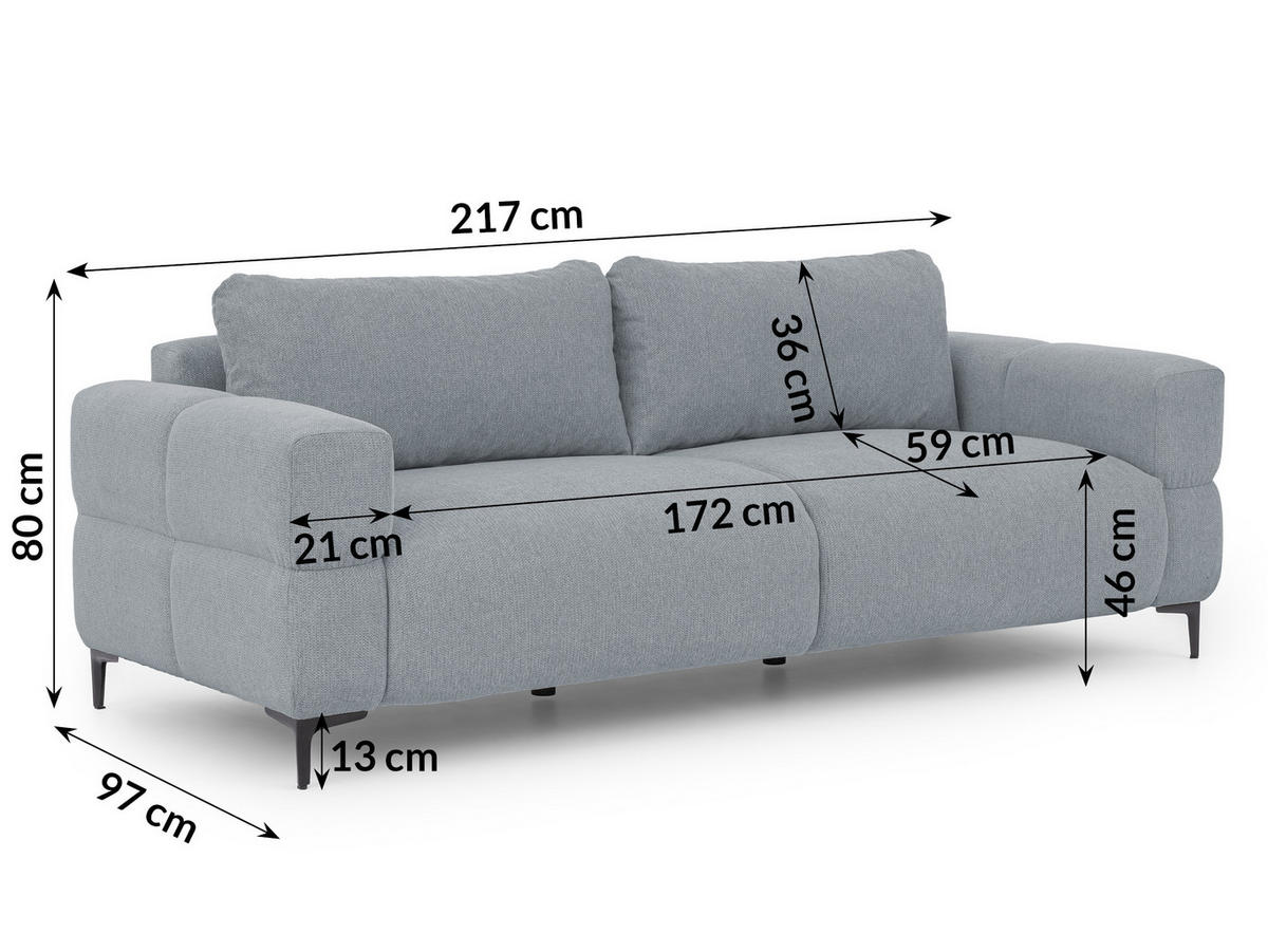 3-SITZER-SOFA Cardea in Bubble-Optik aus weichem Grau Strukturstoff mit hohem Sitzkomfort - Schwarz/Grau, Holz/Textil (217/80/97cm) - S-Style Möbel