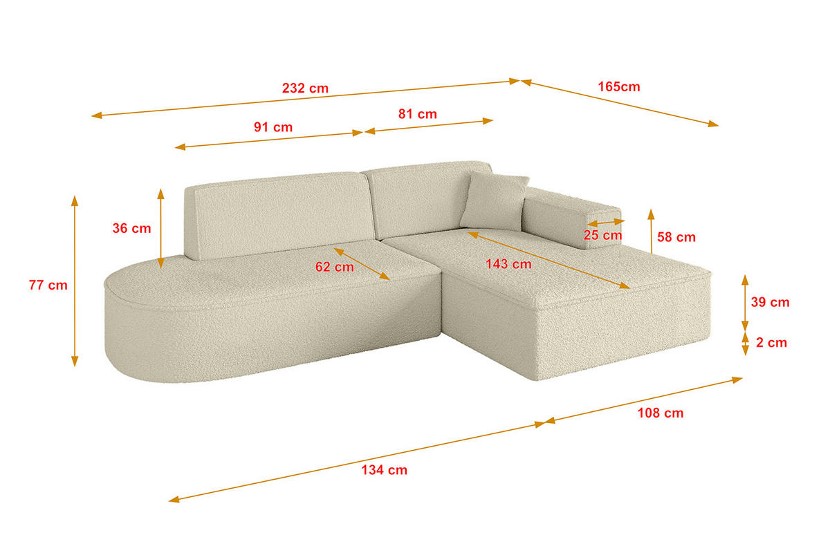 ECKSOFA Ottomane Rechts IREA-L1-v4 - 232x165x77 cm Beige - Creme, Holzwerkstoff/Textil (232/165cm) - ALTDECOR