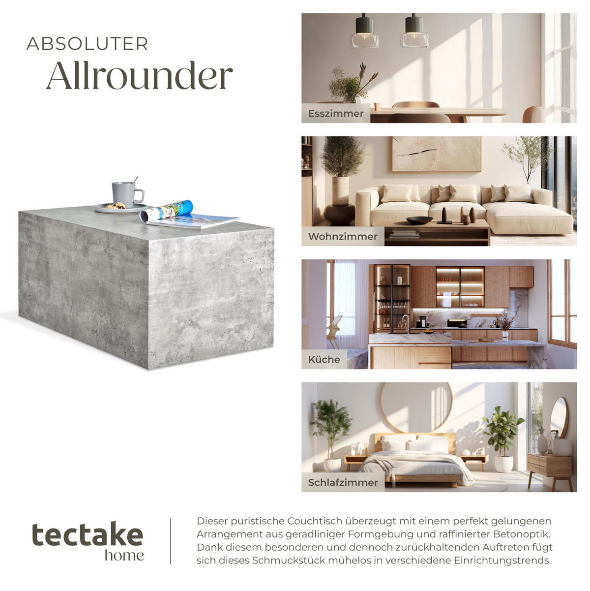 COUCHTISCH Lasley,90 x 50 x 40 cm,Beton Optik - Grau, Holz (50/90/40cm) - tectake