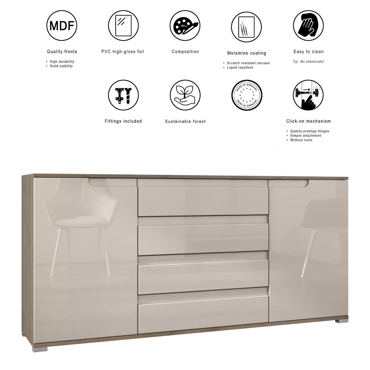 SIDEBOARD Sylt Schwarz Hochglanz - Schwarz Hochglanz, Holzwerkstoff (166.5/75.5/35cm) - Vladon