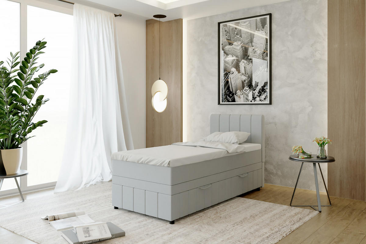 BOXBETT AVALON 90 x 200 cm mit Bettkasten und Topper - Hellgrau - Hellgrau, Holz - Panda Möbel