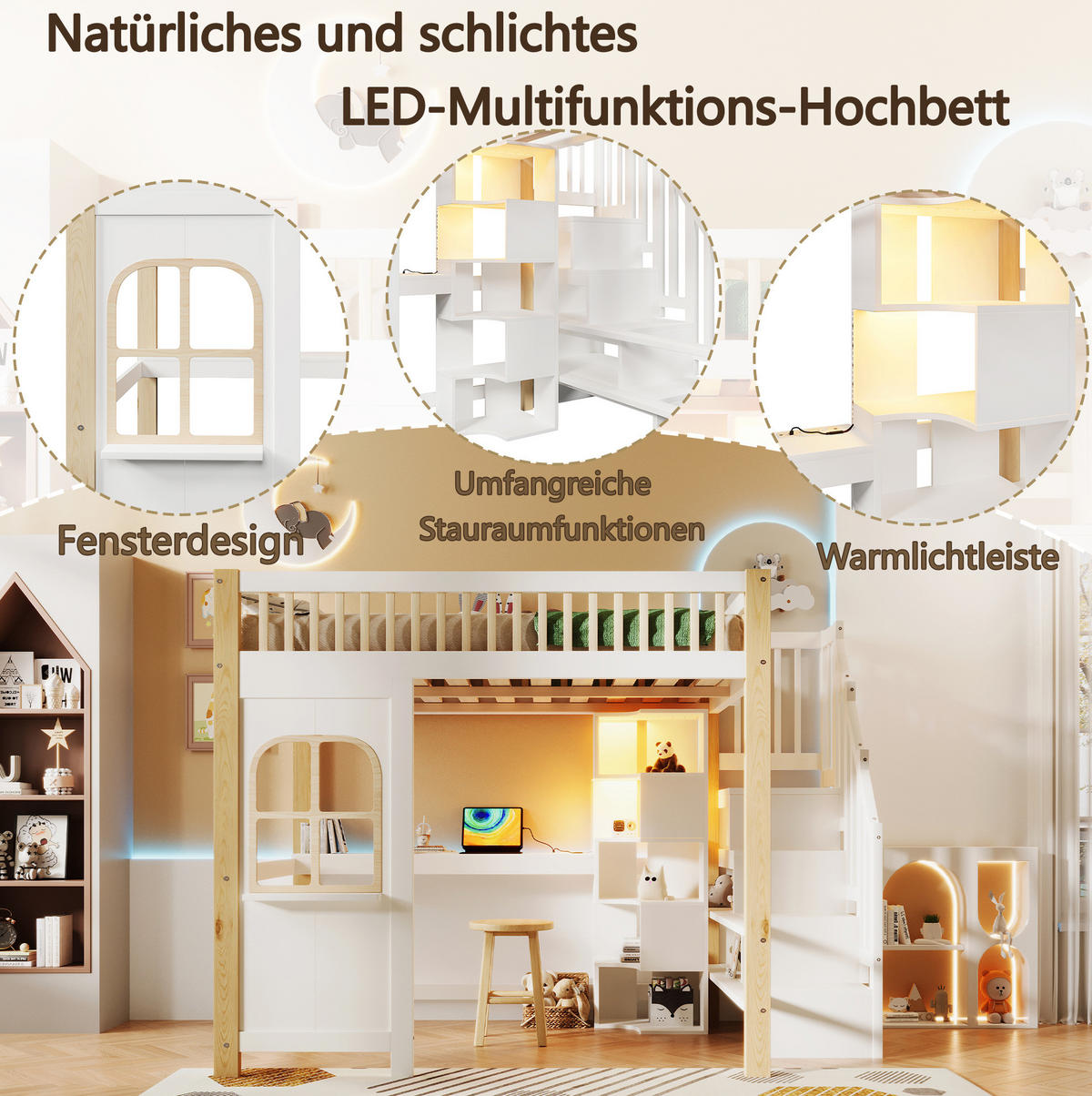 HOCHBETT 140/200 cm mit LED-Leuchten Fensterform Ablageleiter und Schreibtisch Weiß+Natur - Weiß, Holz (140/200cm) - OKWISH