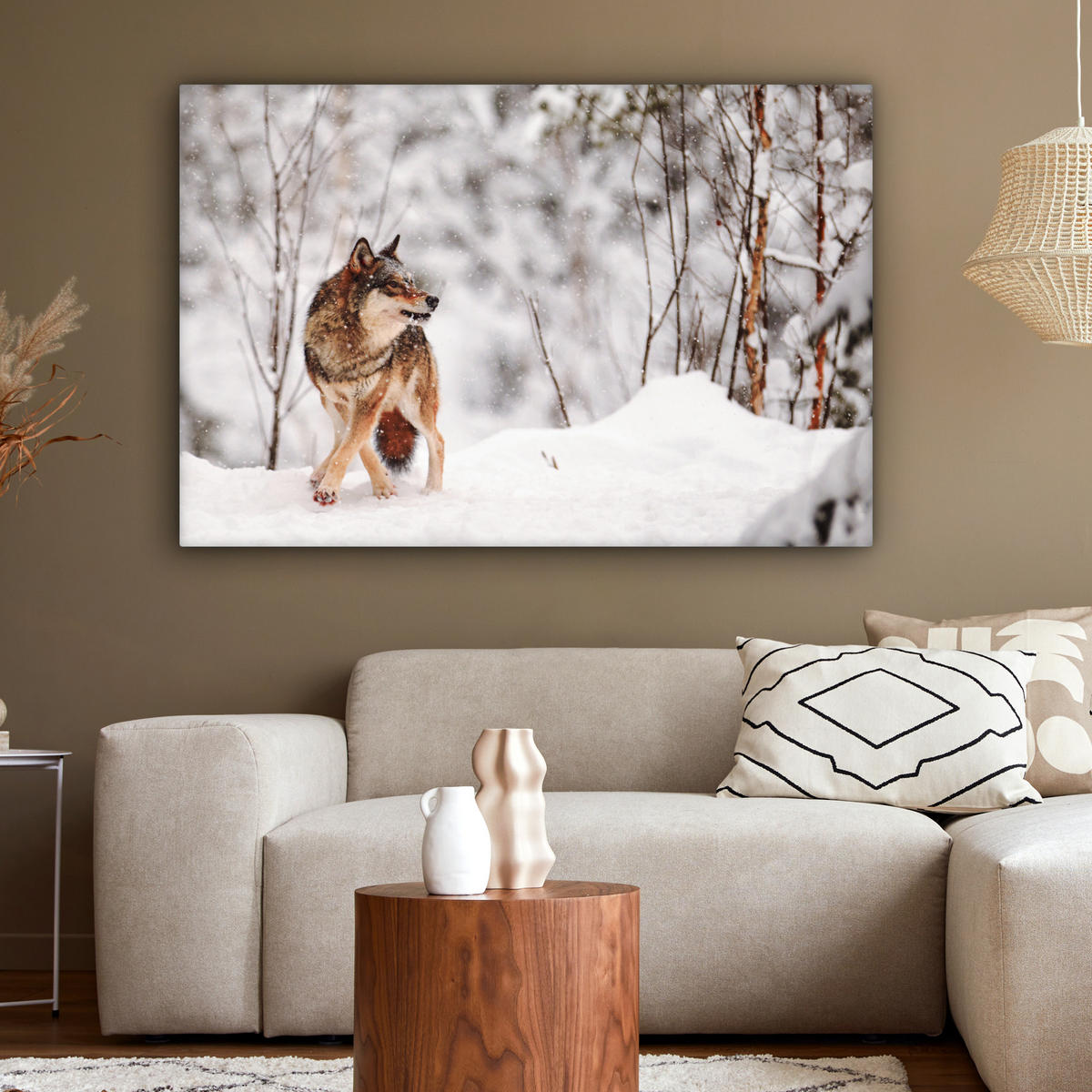 LEINWANDBILD Wolf - Winter - Schnee - Natur - Tiere Wohnzimmer 120x80 cm - Haselnussfarben, Textil (120/80cm) - MuchoWow