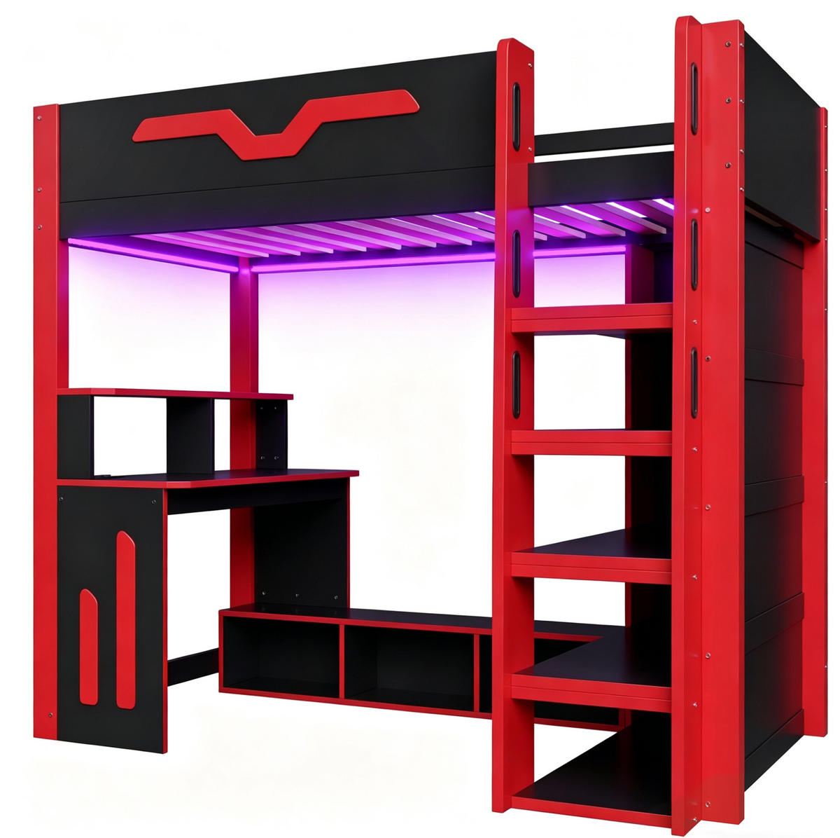 HOCHBETT 90/200 cm aus Holzwerkstoff und Kiefer mit Schreibtisch, Stauraumtreppe und LED Schwarz/Rot - Schwarz, Holzwerkstoff (90/200cm) - Modenvie