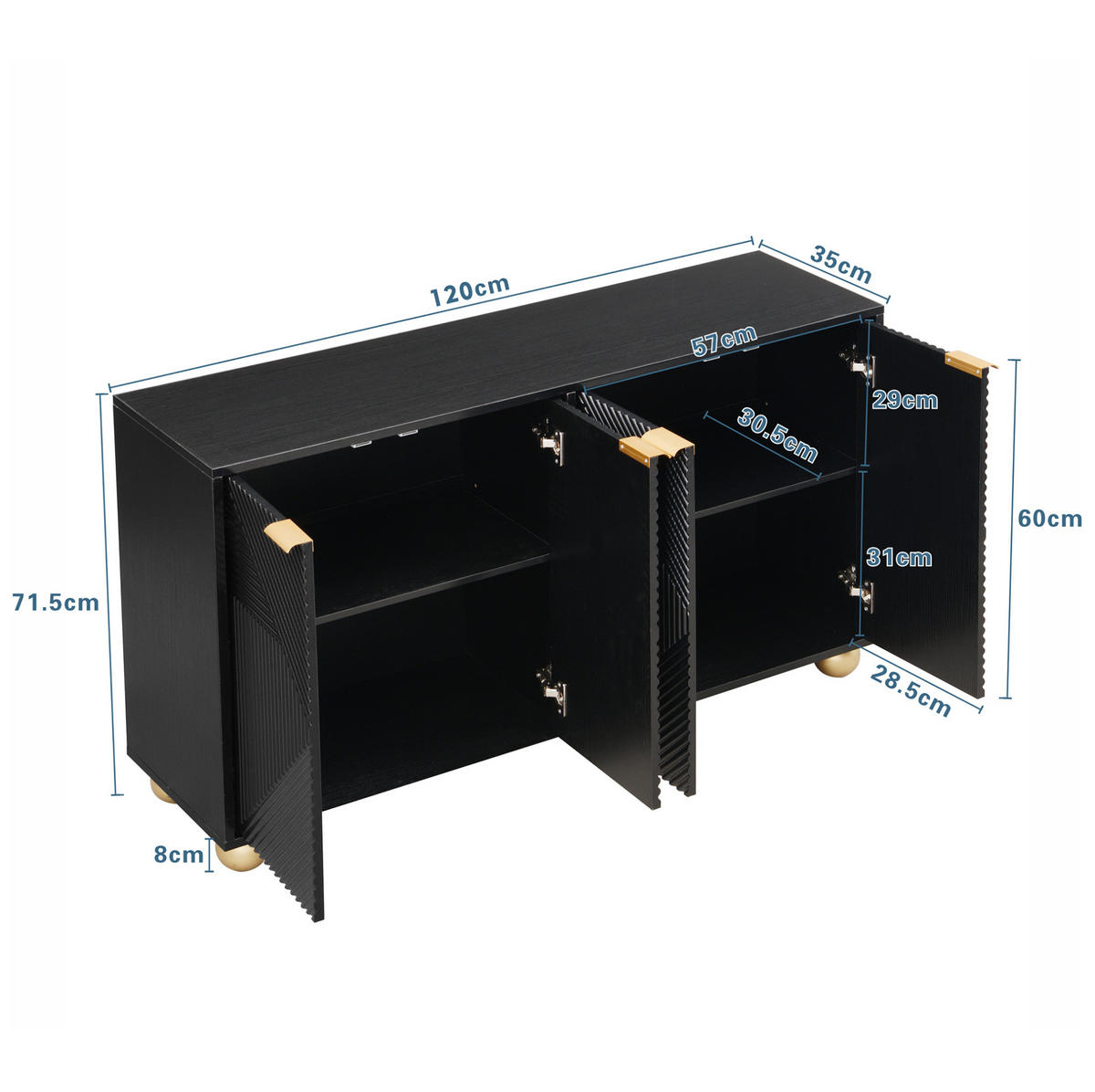 SIDEBOARD 120/35/71,5 cm mit 4 Türen, verstellbaren Innenböden und gravierten Fronten, Schwarz - Schwarz, Holzwerkstoff (120/71.5/35cm) - Redom