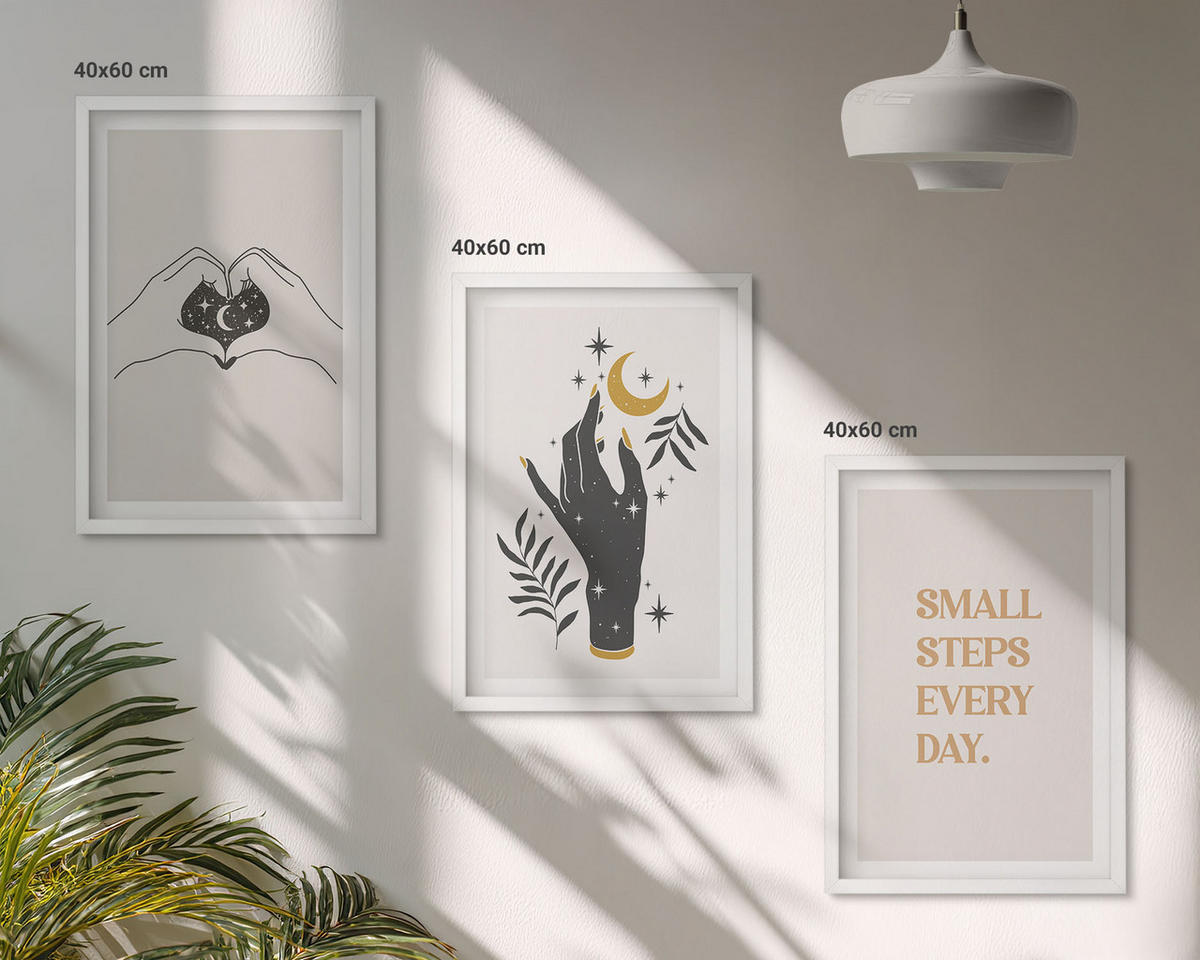 BILDER SET 3er Set - 40x60 cm Weißer Rahmen - Minimalistische Boho-Illustrationen - Weiß, Kunststoff (40/60cm) - TULUP