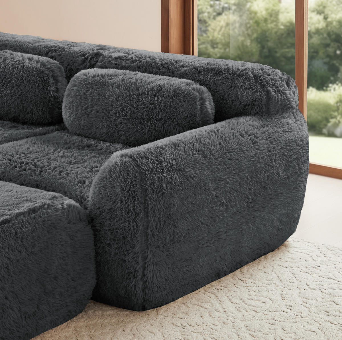 2-SITZER Sofa aus Plüschstoff, rahmenlos und modular mit Kissen, Grau - Grau, Textil (204/73/104cm) - Redom